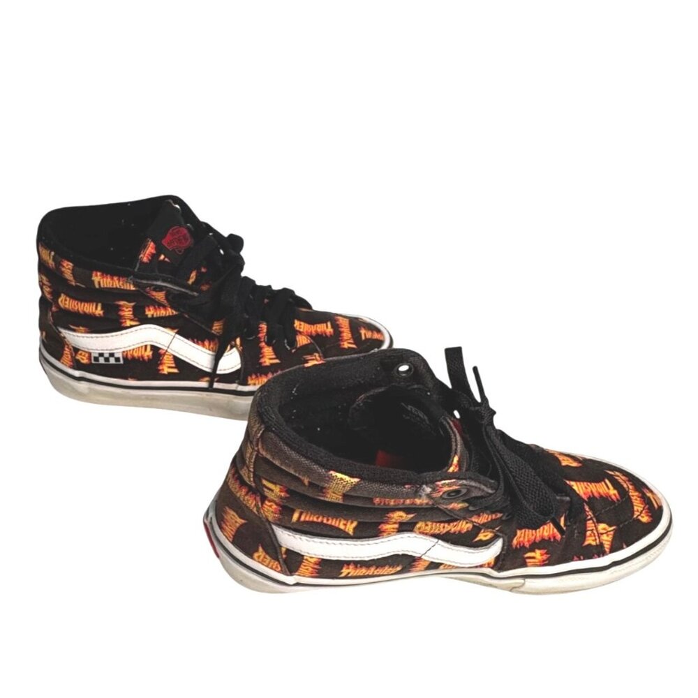 Vans X Thrasher Sk8-Hi Flame Print Sneakers Size 5.5 Black & Orange Canvas Skate - Picture 3 of 7